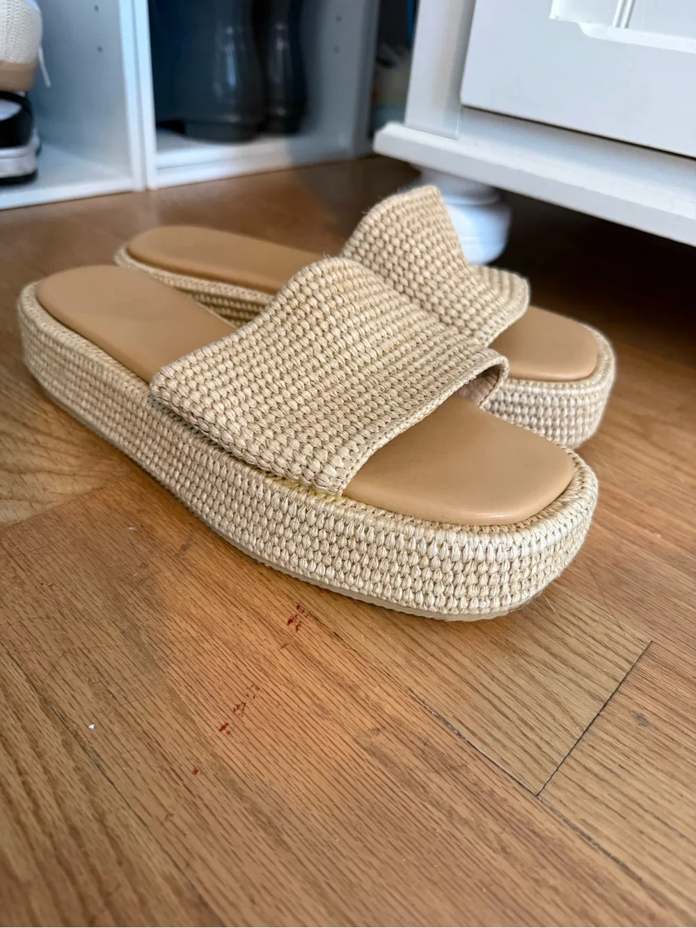 Woven Slide Platform Sandals in Beige
